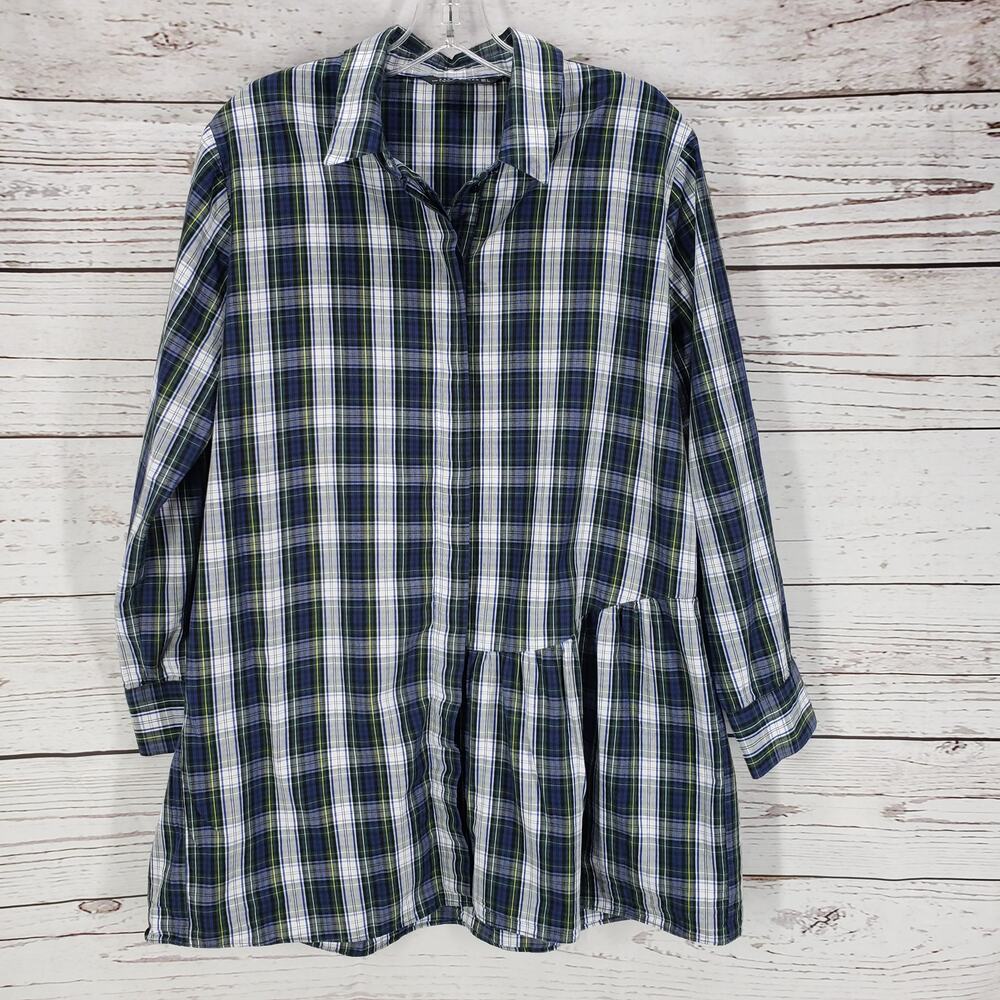 Zara Woman Blue Green Plaid Long Sleeve Button Up Shirt Size L